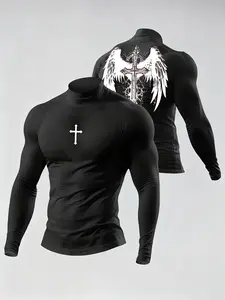 Men's High Neck Fitted Sportswear, Quick-Dry Long Sleeve Training Top, Elastic Moisture-Wicking Gym Tee, Casual Sports Style, Athletic Shirt, Gym Athletic Clothes