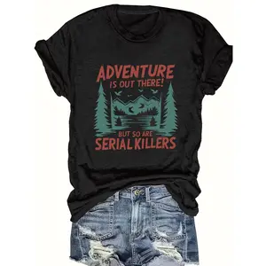Women's 100% Cotton Casual Short-Sleeve T-Shirt - Round Neck, Relaxed Fit, Nature-Themed "Adventure Is Out There!" Mountain Lakes Graphic, Embroidered Fabric, Machine-Washable for Outdoor Enthusiasts, Casual Women's T-Shirts