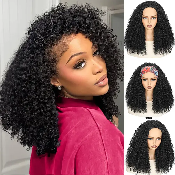 Black Women's 20-in Kinky Curly Glueless Half Wig - Premium Fiber Blend, 270g Synthetic Hair, 3 In 1 Styling with Headband, Clip, Drawstring, Beginner-Friendly for Everyday Use