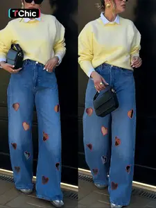 Women's Heart-Shaped Ripped Wide-Leg Jeans Pants, Casual Streetwear Loose-Fitting Womenswear Denim Trousers for All Seasons, Stylish Plain Design