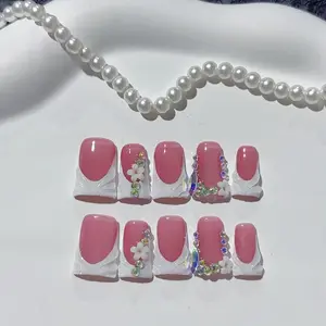 10pcs Luxurious and gentle style, hand-painted three-dimensional patterns, water ripple effect, dazzling diamonds, Elegant rhinestone decorated, handmade fake nails, Nail stickers suitable for attending important banquets