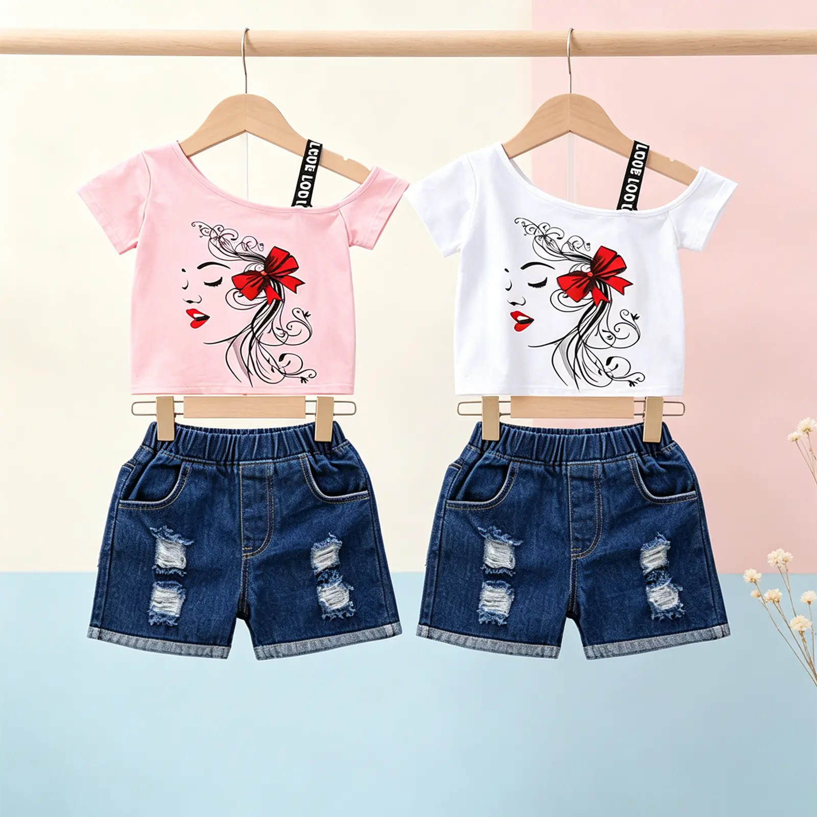 Girls 2 Pieces Shorts Suit Set Floral Print Round Neck Short Sleeve Pullover+ Ripped Denim Shorts