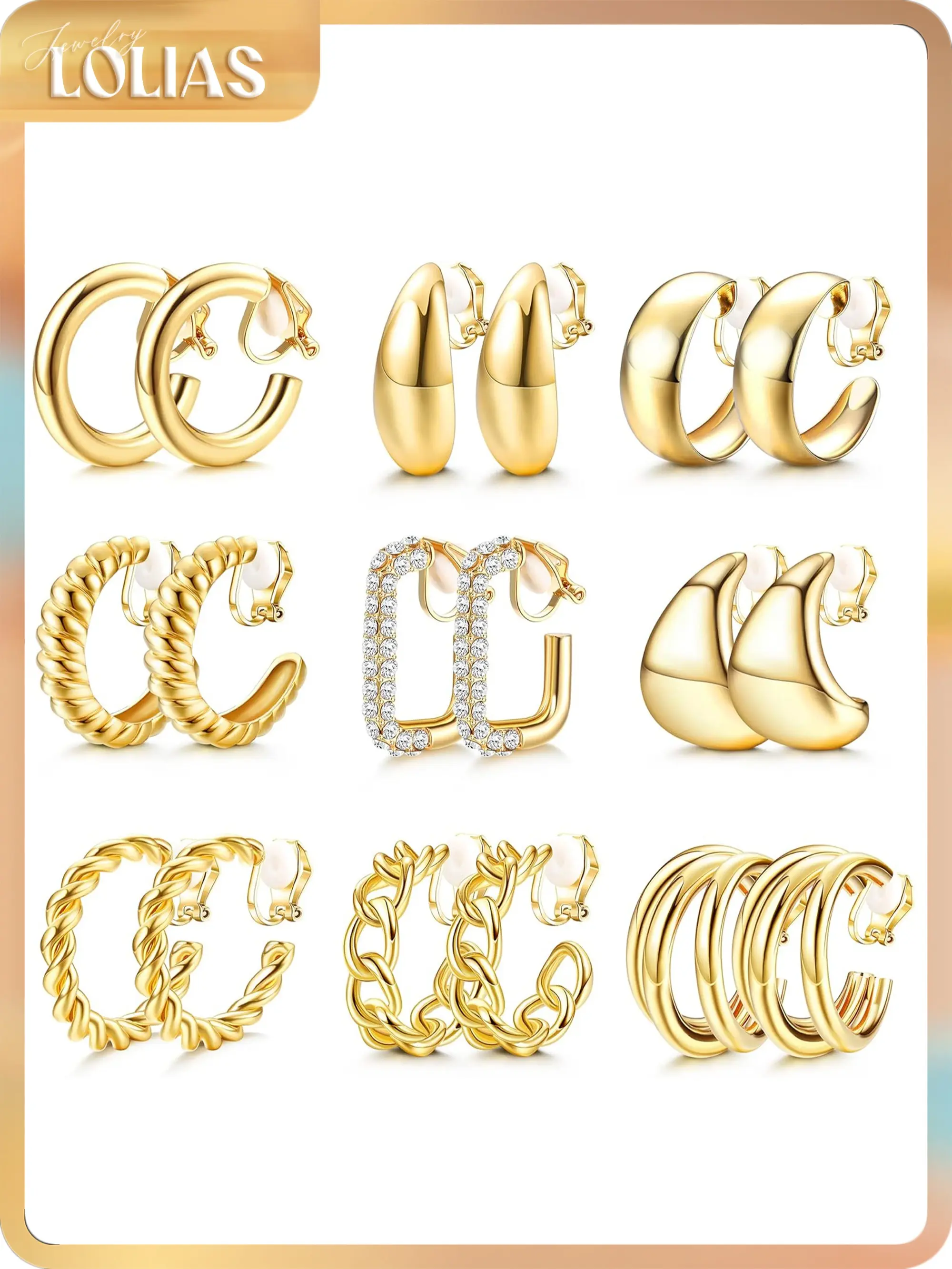 LOLIAS 9 Pairs Gold Clip on Earrings for Women 14K Gold Plated Waterdrop Chunky Clip on Hoop Earrings No Piercing Fake Earrings Set, Tear Drop Earring, Chunky Hoops