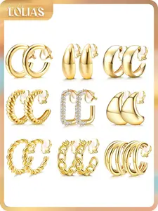 LOLIAS 9 Pairs Gold Clip on Earrings for Women 14K Gold Plated Waterdrop Chunky Clip on Hoop Earrings No Piercing Fake Earrings Set, Tear Drop Earring, Chunky Hoops