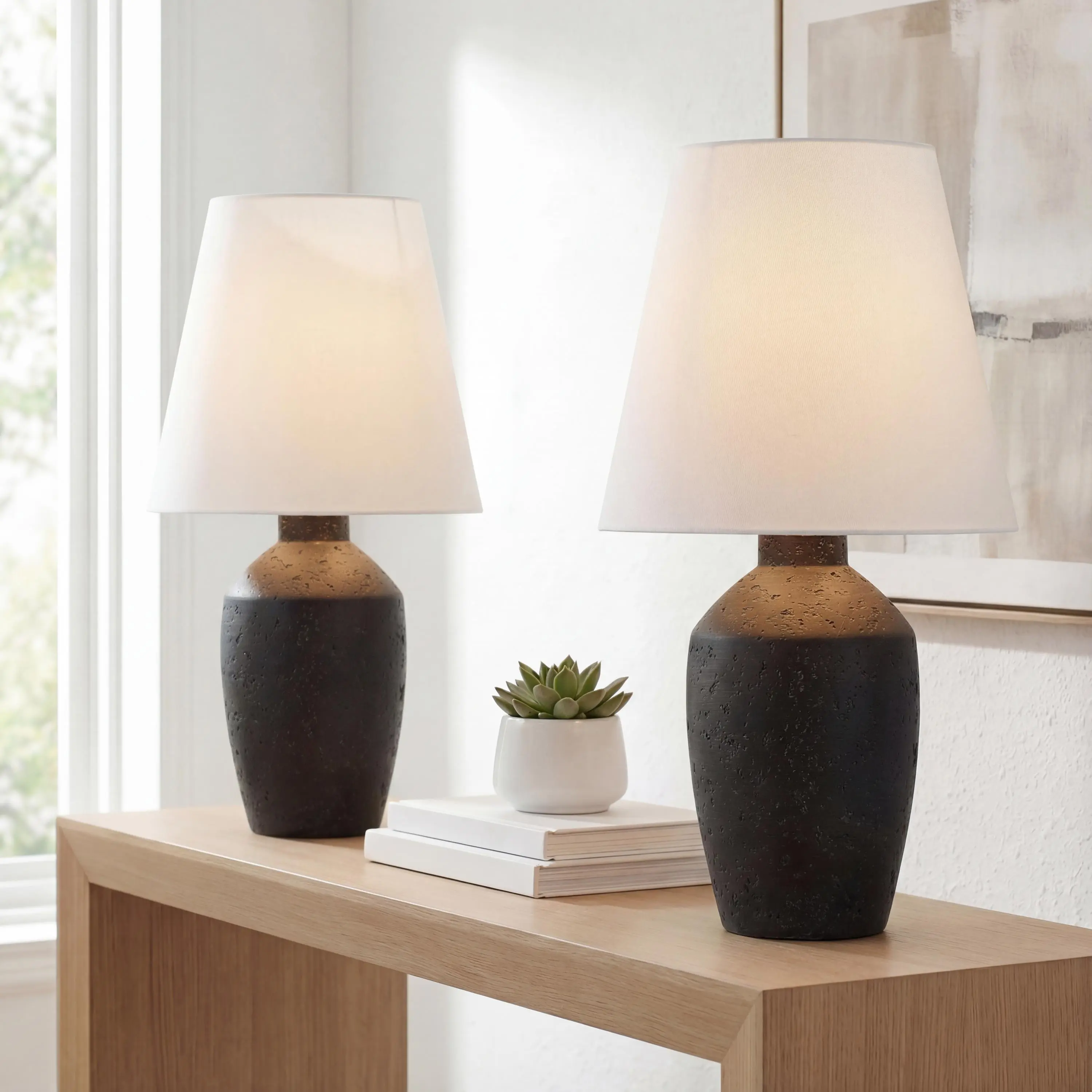 JONATHAN Y Xander Ginger Jar Table Lamp 19.5" Metal, Set of 2 | Concrete Effect Resin, Scandinavian Minimalist Modern Design, White Linen Shade, LED Bulbs Included