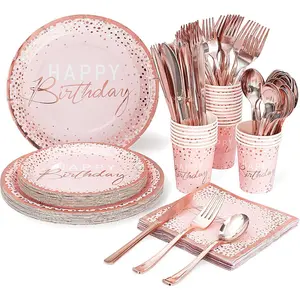 175PCS Happy Birthday Plates and Napkins Party Supplies, Paper Pink and Rose Gold Plastic Forks Knives Spoons Serve 25 Guests For Girl,Women