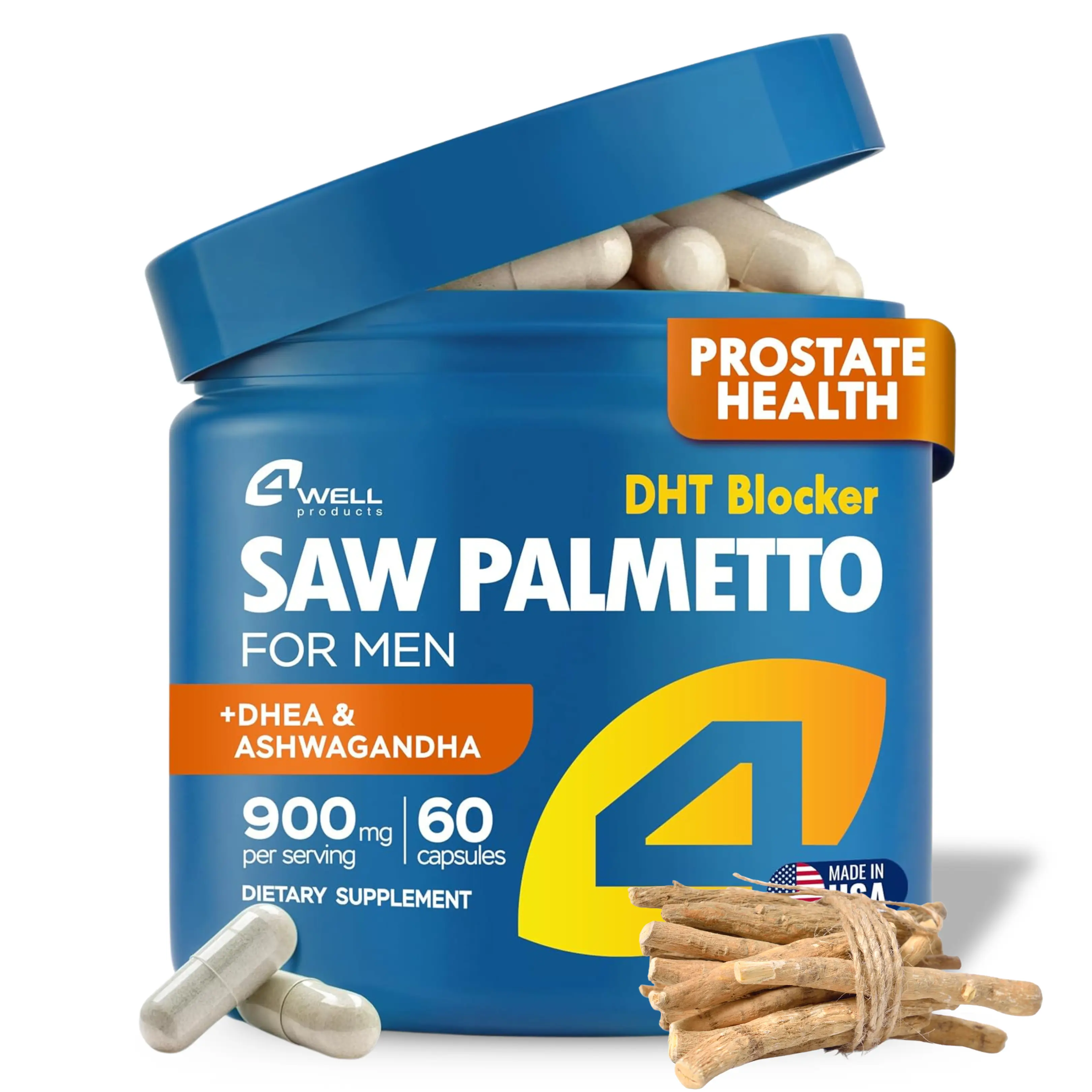 4Well Saw Palmetto for Men 900mg - High-Dose Natural Dietary Health Blend with Ashwagandha and DHEA to Support Prostate and Urinary Function & Promote