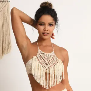 Women's Acrylic Boho Crochet Fringed Bikini Top, Handmade Adjustable Stylish Summer Beach Swimwear