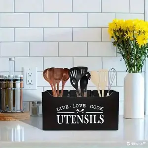 Traditional Wooden Cutlery Organizer Rack, Open Kitchen Storage with Basket and Containers, Features 'live Love Cook' Design