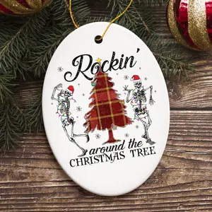 Rockin' Around The Christmas Tree, Dancing Skeleton Ceramic Ornament - Circle, Star, Heart and Oval Shapes