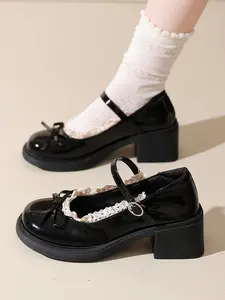 French Vintage High Heel Mary Jane Shoes Women, Spring 2026 New Bow Lace Round Toe PU Leather Flats, Cute Style All Seasons