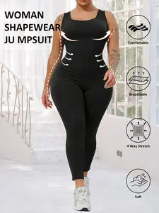 Plus Size Women's U Neck Sleeveless Bodysuit Leggings, Skin-Friendly Shaping One-Piece, Wide Shoulder Straps, Fashion Abdominal Control Yoga Pants, Sporty Comfy Jumpsuit, Workout Jumpsuit, Tummy Control Jumpsuit