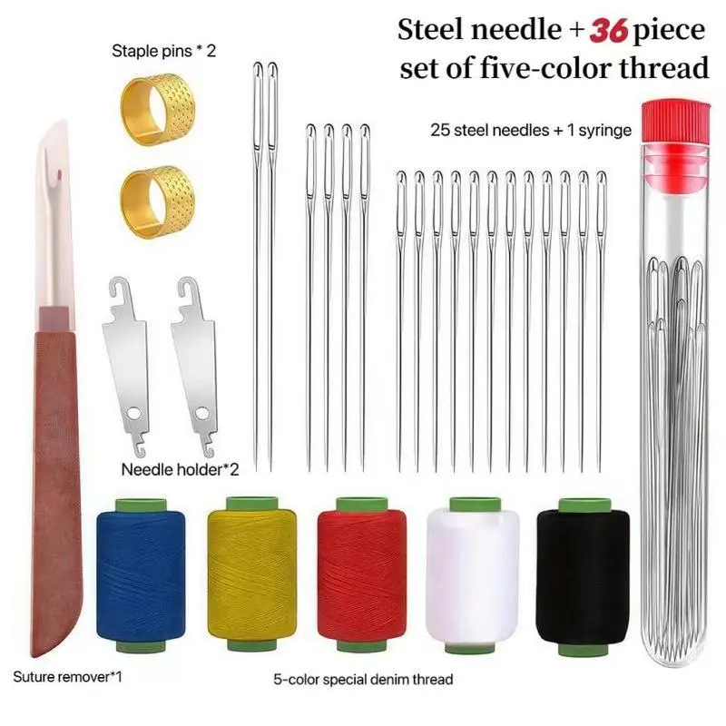 #SummerVibes 36PCS/34PCS Big Eye Steel Sewing Needles Kit - Stainless Steel Hand Sewing Repair Tools with Assorted Colors of Thread Ideal for Beginners' Daily Use Shearling Black Striped Sewn Fabric needle threader