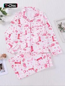 Women's Western Style Dice Pattern Pajama Set, Casual Long Sleeve Button-Down Top & Elastic Pants, Fall Winter Home Wear