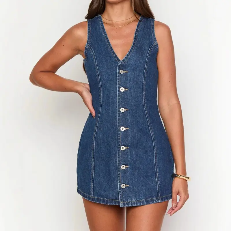 2026 Sleeveless Denim Vest Dress for Women Button Front Tie Waist Retro 90s Loose Fit Summer Casual Blue Machine Washable Travel Wardrobe