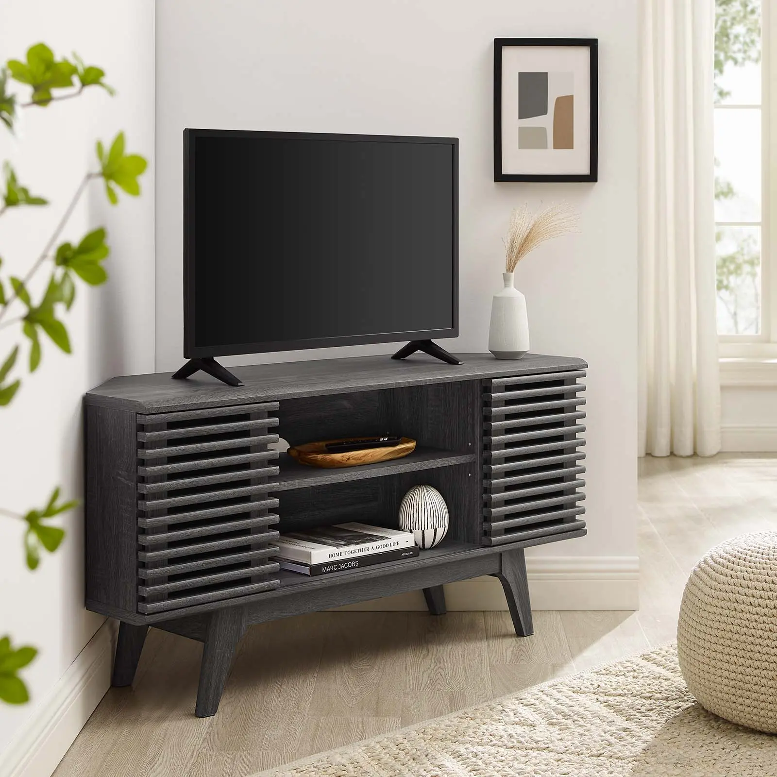 Modway Render 46" Charcoal Modern Minimalist Corner TV Stand, Corner-Mounted TV Stands & Multimedia Centres for Indoor Furniture, Modern Tv Stand