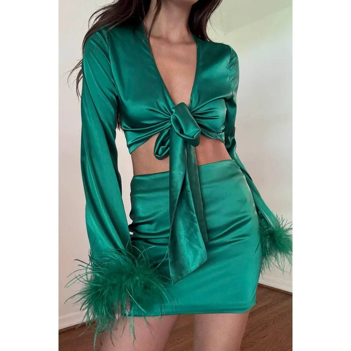 Feather Detail Crop Top & Mini Skirt