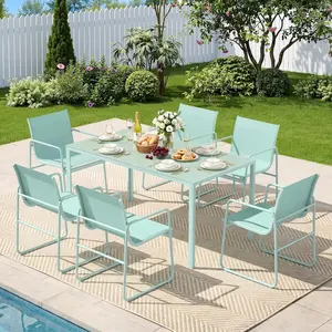 ONBRILL Patio Dining Furniture Set, 7 Piece Metal Outdoor Dining Table and Chairs Set for 6, All-Weather Textilene Patio Table and Chairs Set for Backyard, Deck & Garden, Aqua