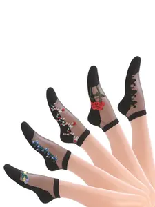 Women's 5 Pairs Floral Print Contrast Mesh Ankle Socks,comfy Casual Breathable Low Cut Socks for Summer, Breathable Fabric Socks, Women's Socks & Hosiery