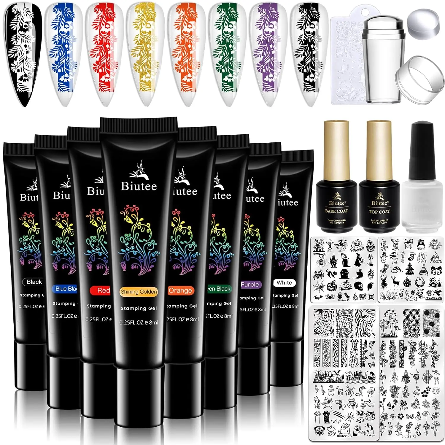 Nail Stamping Polish Gels Nail Stamper Kit + 4counts Nail Stamp Templates + 1 Peel Off Nail Tape Stamp Latex Bose Coat & Top Coat with Scraper Flower Holiday Nair Art Design Gift DIY Manicure Nail Art Nail Care