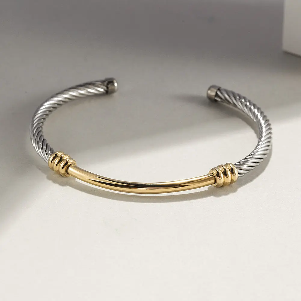 NSB Two-Tone Textured Cable Cuff Bracelet NSB1673 Hypoallergenic Design with Polished Accessories (1 Cuff & 1 Gift Box)