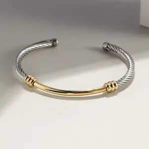 NSB Two-Tone Textured Cable Cuff Bracelet NSB1673 Hypoallergenic Design with Polished Accessories (1 Cuff & 1 Gift Box)