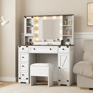 Farmhouse Vanity Desk, Makeup Vanity with Mirror and Lights, 42 Inch Vanity Desk, 10 Bulb Lighted Mirror, Power Outlet, Vanity with Drawers & Cabinets, Vanity with Stool, White Dressing Table, Bedroom Vanity