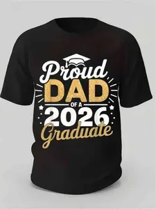 Class of 2026 Graduation T-Shirt - Man Proud Dad of a 2026 Graduate, Golden Lettering & Diploma Design, 100% Cotton 220gsm Loose Fit Round Neck S-XXL, Black Casual Shirt for 2026 Year Parents Gift