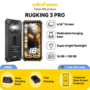 Ulefone RugKing 3 Pro Rugged Phone Unlocked, Octa-core 16GB+128GB/2TB, Android 15, 6.56" 120Hz, 48MP+2MP+8MP, 5600mAh, IP69K & IP68 Proof, Water-Lock, Dock Charging, Al Assistant(Gemini), Orange Visit the Ulefone Store