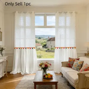 1pc Vertical Stripe Sheer Curtain with Colorful Pompons, French Elegant Patchwork Design, Living Room Bedroom Sliding Door Filter Curtains