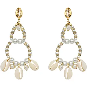 By The Sea Cowrie & Pearl Pierced Earrings (Goldtone)
