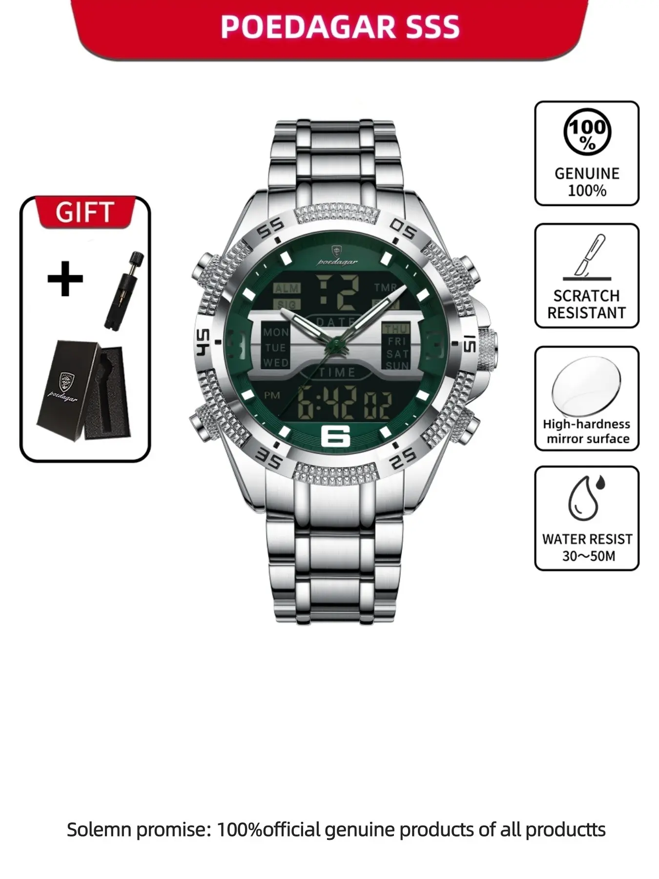 Men's Business Fashion Round Dial Analog-digital Quartz Watch, Fashion Stainless Steel Watch with Date & Week Display Function, Trendy Watch for Daily Life, Multifunction Watch, Trendy Multifunctional Watch