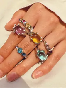 Vintage Style Colorful Gemstone Ring Set, 6 Piece Artificial Gemstone Jewelry Series, Zircon Design, Daily Wear, Stackable Rings