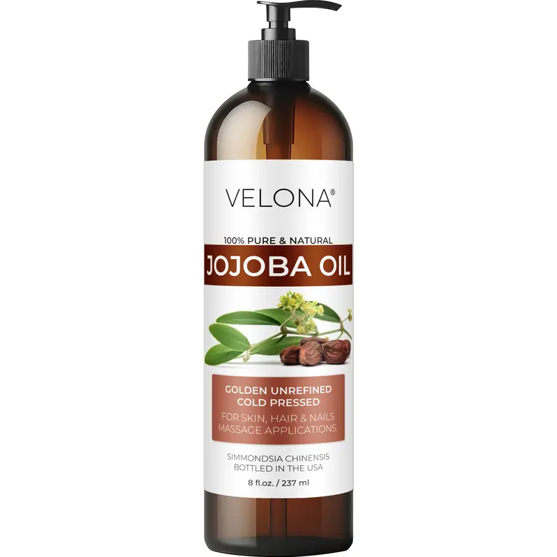 VELONA 100% Pure Natural Jojoba Cosmetics Oil - 8 fl oz Soothing Hydrating Recovery Body & Massage Oil for Adults, Golden Unrefined Cold-Pressed Hexane-Free Cleanser with Minerals, Boosts Moisture, Acne Support