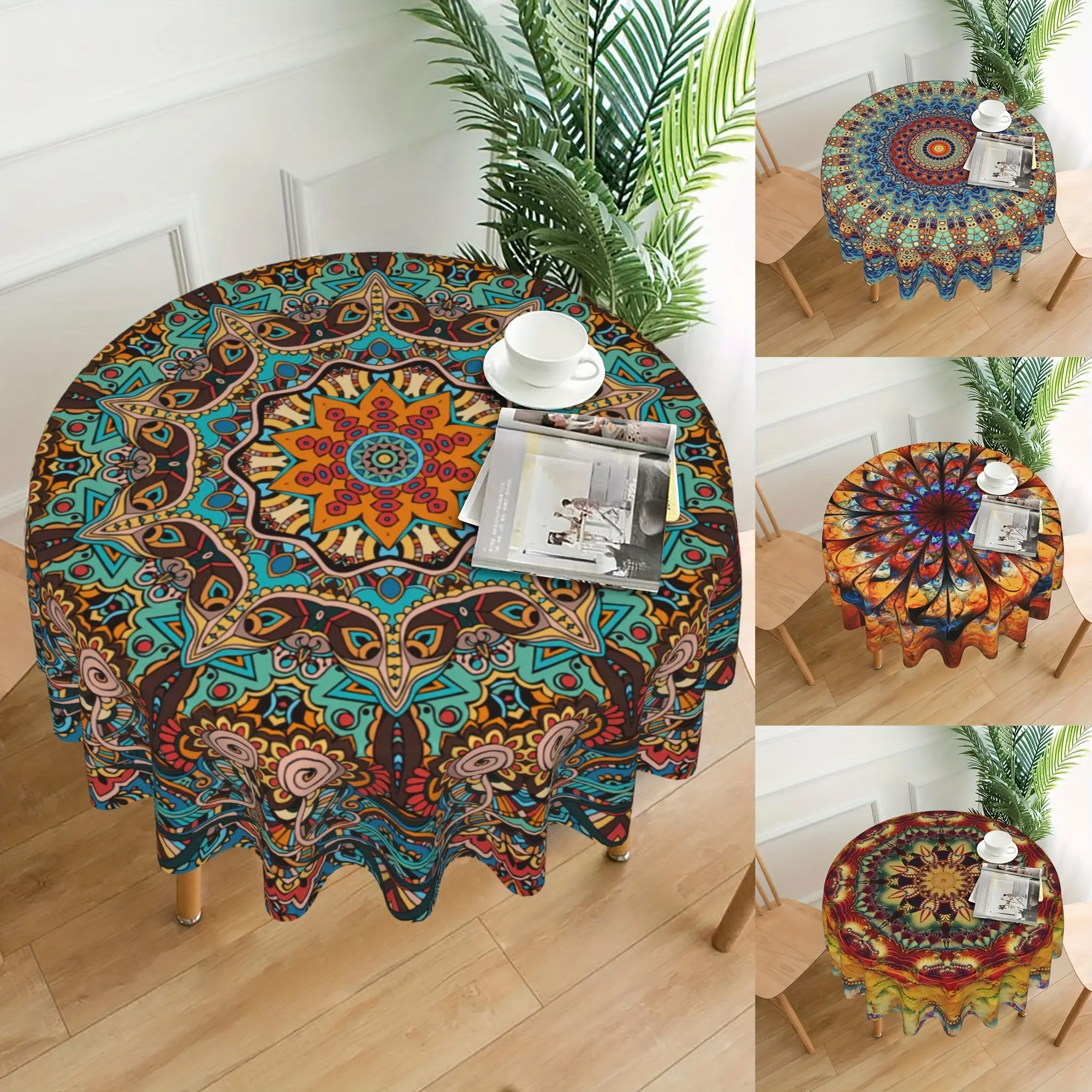 60 Inch Mandala Round Tablecloth - Vibrant Waterproof Circular Patio Dining Table Cover with Boho Chic Design - Perfect for Backyard BBQ Picnic, Easter, and Home Kitchen Decoration, 100% Polyester, Machine Made, Woven, Argyle Pattern
