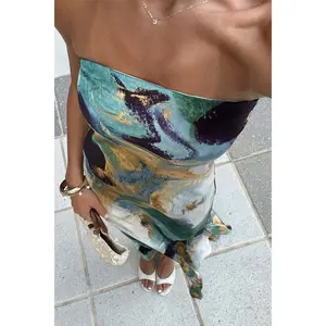 Natalia Blue and Gold Watercolor Strapless Maxi Dress