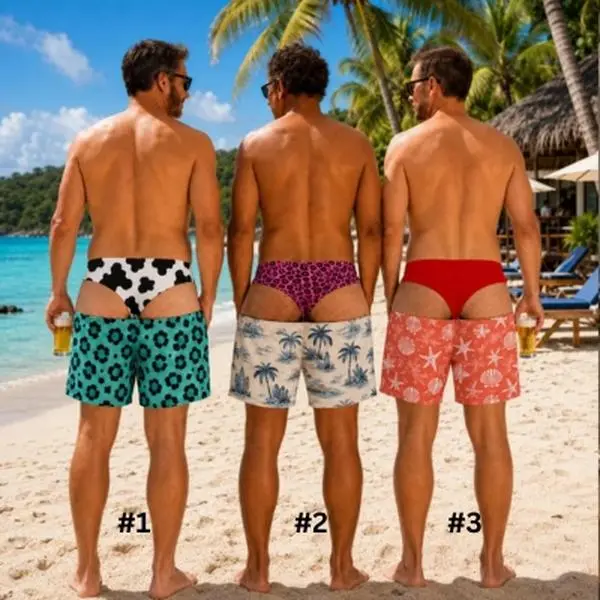 Men's Swim Trunks, Funny Swim Shorts, Fake Underwear Print Beach Trunks, Pool Party Outfit, Gift for Him, Summer Gag Gift for Men