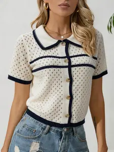 Summer Women's Knit Cardigan, Navy Striped Notched Neck Short Sleeve Lace-Up Knit Top, Casual Daily Wear, Vacation Style