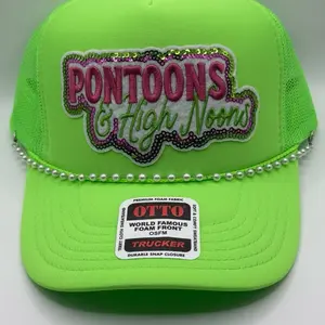 Otto Brand "Pontoons & High Noons" Trucker Hat for Men Women Lake Boat Cap with Bling Pearl Beads Pink Foam Front