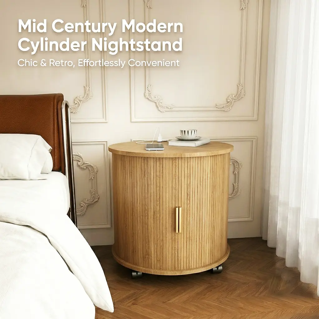 1 Pcs Mid Century Modern Cylinder Nightstand - MDF Wood Oak Decor, Built-in Charging Station with USB Ports, Sliding Door Storage, 2-Tier Round Side Table for Modern Bedroom, Wipe Clean Anti-Slip ft Bedroom Furniture