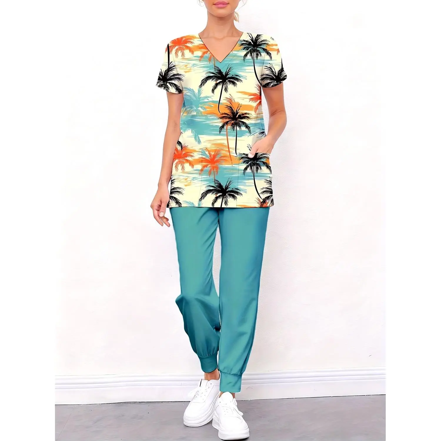 Set of 2 Plus Size Women's Scrubs with Round Neck Palm Tree Top and Teal Pants - Perfect for Work or Casual Wear, Ideal for Nurses, V-Neck Design, Breathable All-Season Comfort