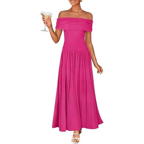 ZESICA Women's Off The Shoulder Maxi Dress 2025 Summer Sleeveless Casual Slim Swing Pleated Formal Party Dresses ZESICA Women's Off The Shoulder Maxi Dress 2025 Summer Sleeveless Casual Slim Swing Pleated Formal Party Dresses