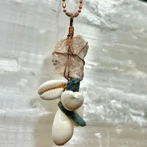Natural Sunstone Pendant - Handmade Copper Jewelry with Cowrie Shells, Kyanite, Pure Copper Ball Chain - Casual Wear Natural Crystal Necklace Accessory