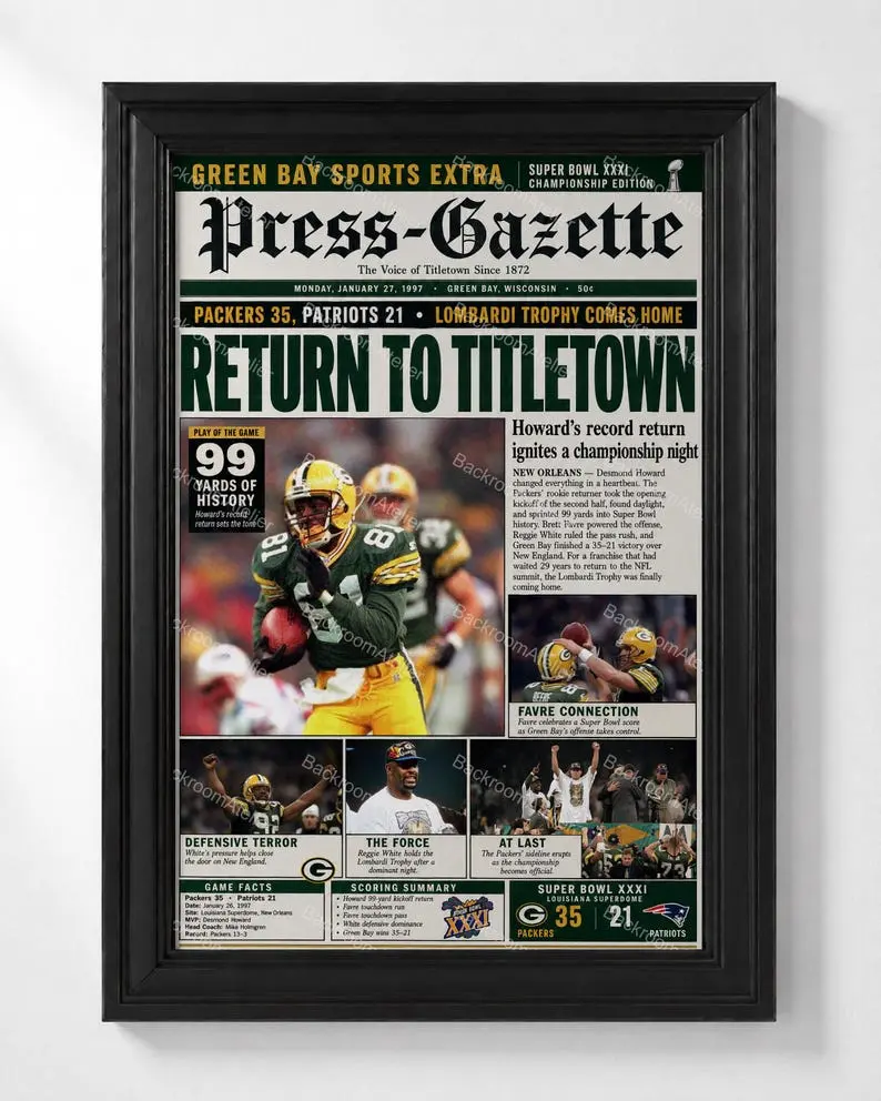 Green Bay Packers Bowl XXXI 1997 Championship High-Res Print, Multi-Size Paper Surface Sports Theme Wall Art, Return to Titletown Vintage Home Decor Gift