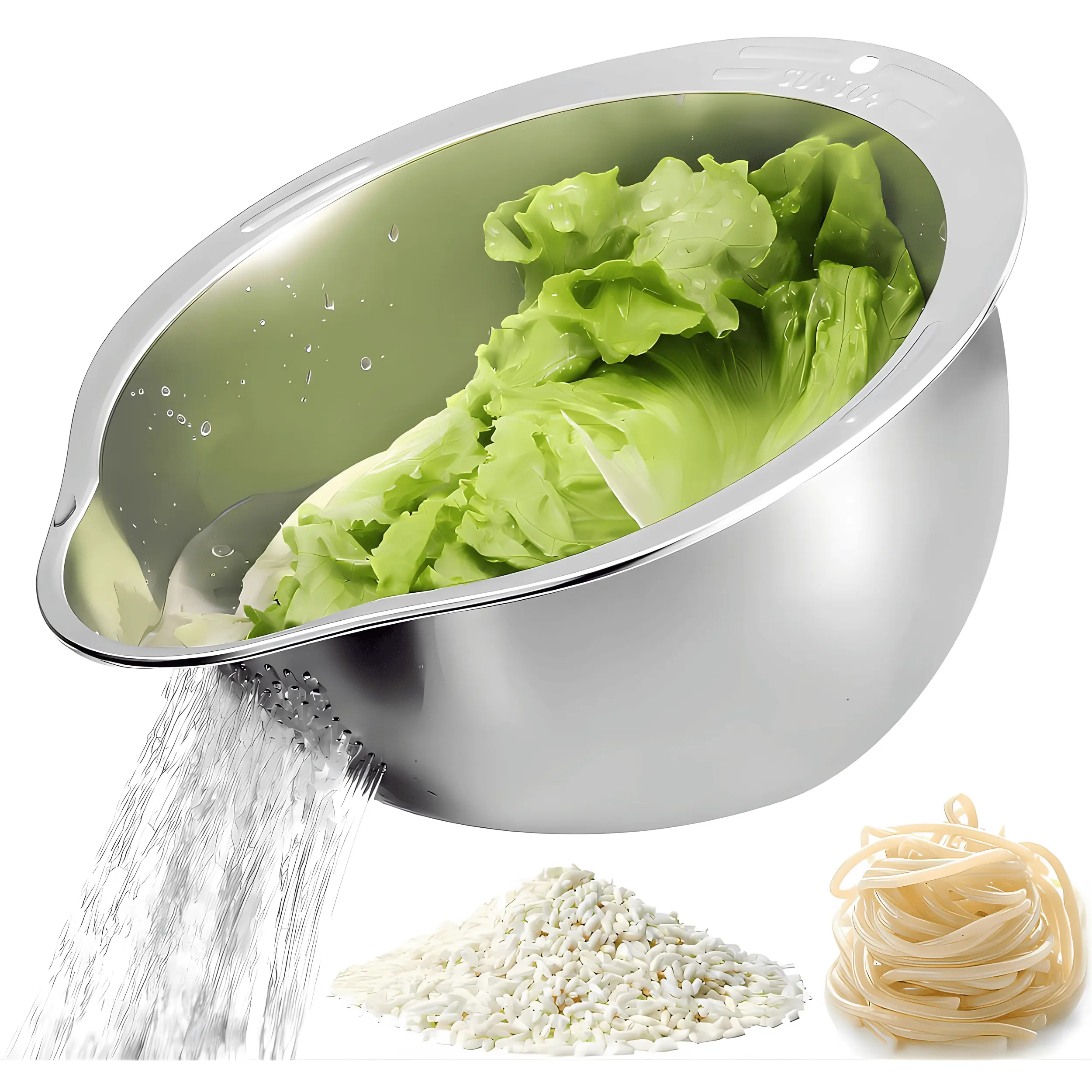 4-in-1 Rice Washing Bowl Stainless Steel Rice Washer, Strainer & Colander for Washing Rice, Fruits and Vegetables, Multi-Purpose Kitchen Drain Basket with Easy-Pour Design