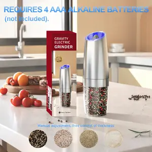 1 Set Gravity Electric Salt and Pepper Grinder - 135ml Stainless Steel Battery Powered Mill with Blue LED, One-Handed Auto-Grind & Adjustable Coarseness for Aesthetic Kitchen & Outdoor BBQ