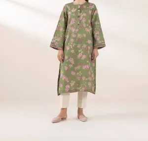 Green Floral Printed Khaddar Shirt – Straight Long Kurta