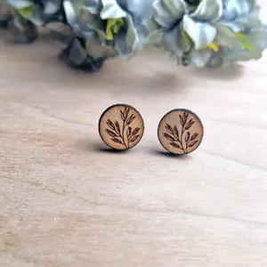 Wooden Round Leaf Branch Earrings - Cherry Wood Engraved Fashion Accessory