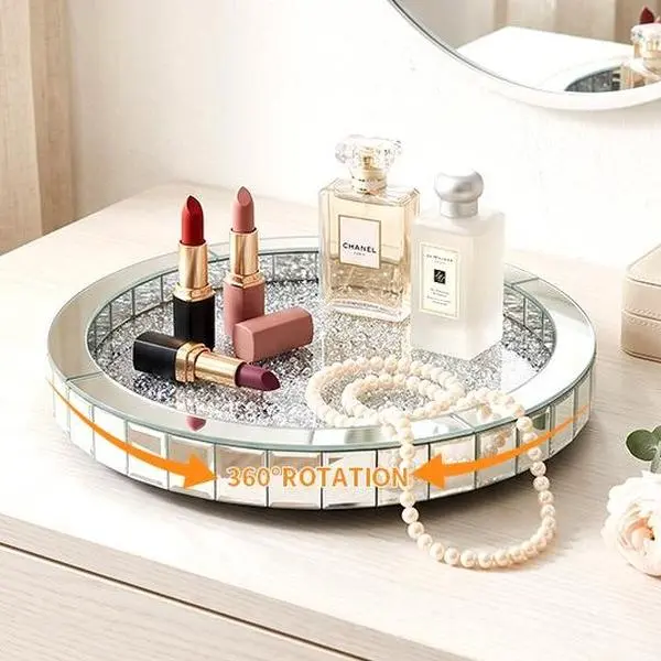11.8" Mirrored Tray with Lazy Susan, Easy Access, Super Gorgeous Round Tray with Crushed Diamond Silver Finish - Perfume Organizer & Jewelry for Dresser