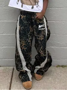 Men's Y2K Street Style Loose-Fit Leopard Print Sweatpants, Drawstring Waist, Side Stripes & Star Pattern, Casual Spring & Fall Wear